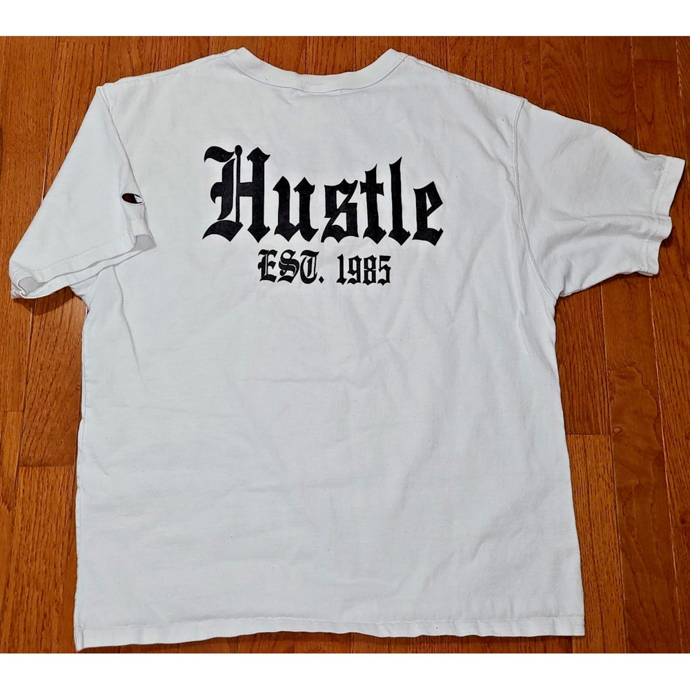 Champion T-Shirt Men's Med Embroidered 'Hustle' 1985 Short Sleeve Off White